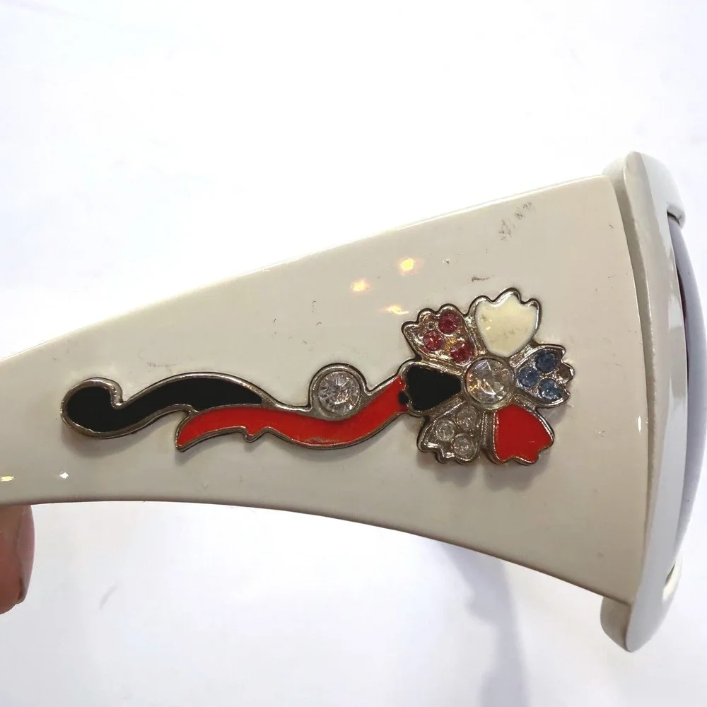 Italy Design White Shield Sunglasses Rhinestone Floral Detail  Wrap Around